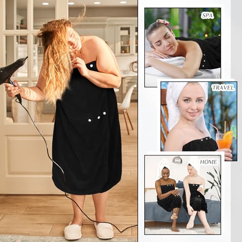 Image of Tigeen 4 Pcs Spa Wrap Towel Wrap for Women Spa Robe with Adjustable Closure Elastic Top Lightweight Wraps for Bath Shower (Black,XXL-4xl)