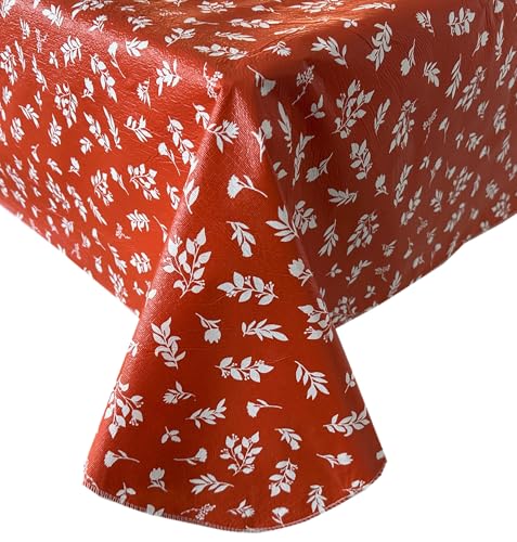 Home Bargains Plus Rust Leaf Tablecloth with Flannel Backing, 52 x 52 Inch Square, Leaf Print PEVA Easy Care Non-Toxic Table Cover