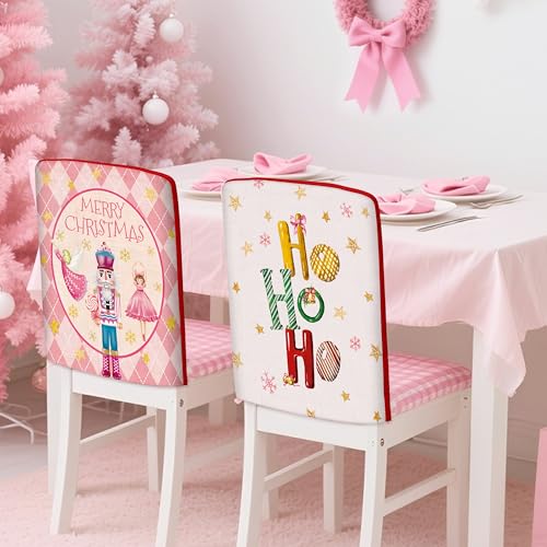Image of Christmas Chair Covers Set of 6 Pink Nutcracker Christmas Tree Chair Back Covers Holiday Dining Chair Slipcovers Protector Kitchen Dining Room Decor Festival Party Decoration