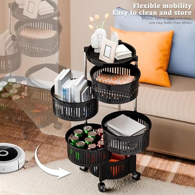 Rotating Kitchen Storage Rack No Assembly, 5-Tier Metal Storage Tower Basket Shelves Organizer on Rolling Wheels with Removal Drawers,Kitchen Fruit Vegetable Storage Organizer Black 5 Layers-LKv9sRYM