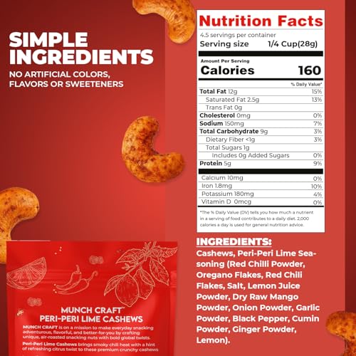 Image of Munch Craft Gourmet Peri-Peri Lime Cashews - Perfectly Balanced Flavor (Smoky Heat & Zesty Lime) - Extra Crunchy Air-Roasted Nuts, Oil-Free - No Artificial Colors or Flavors - 4.4 oz (125g) Resealable Bag