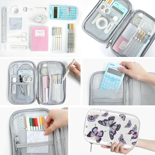 Image of Butterflies White Pencil Bag Case Zipper Pencil Holder Organizer Stationary Pen Bag Cosmetic Makeup Bag Pouch Purse for School Office Supplies