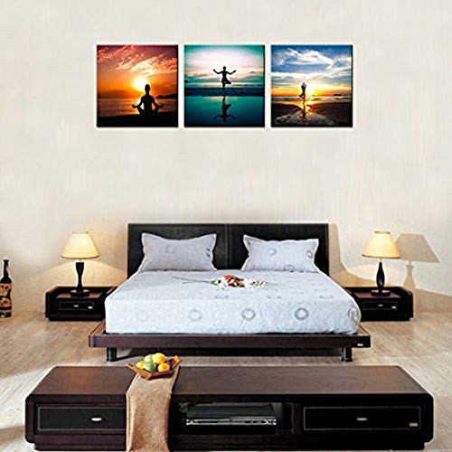 3 Panels Seaside Painting Do Excerise Yoga On The Beach Picture Printed On Canvas Wall Art For Home Decoration Stretched And Framed Ready To Hang (30X30Cmx3Pcs) #TOP5