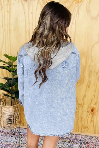 Ecosunny Womens Casual Long Sleeve Button Down Shirt Jacket Oversized Contrast Hooded Denim Lightweight Coat Tops2