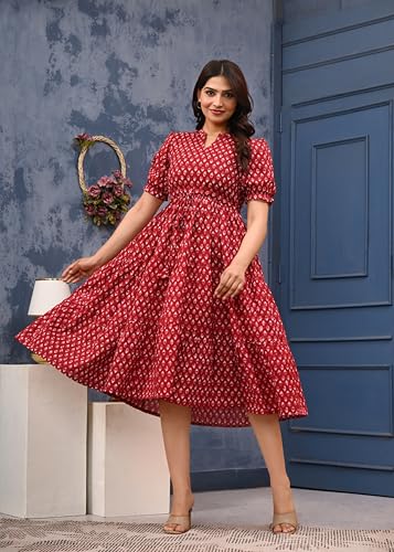 Image of LABEL ADRIJA Pure Cotton Calf Length Midi Dress for Women Floral Print | Flared Anarkali Dress Puff Sleeves