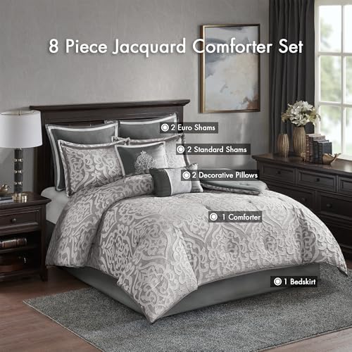 Image of Madison Park Odette Cozy Comforter Set Jacquard Damask Medallion Design - Modern All Season, Down Alternative Bedding, Shams, Decorative Pillows, Queen(90 in x 90 in), Silver 8 Piece | All Season Down Alternative Bedding with Comforter, Shams, Bed Skirt, Decorative Pillows, Silver