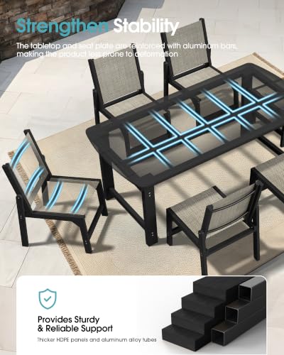 Image of Ciokea HDPE Outdoor Dining Set, Patio Table and 6 Stackable Chairs, Black | All-Weather Furniture Set with 2 inch Umbrella Hole and Armless Chair. Breathable Teslin Fabric Suitable for Outdoor Leisure.