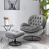 Velvet Swivel Accent Chair with Ottoman Set, Modern Lounge Chair with Metal Base Frame & Footrest, Comfortable Single Leisure Sofa Chair Reading Chair with 360 Degree Swiveling for Living Room, Gray