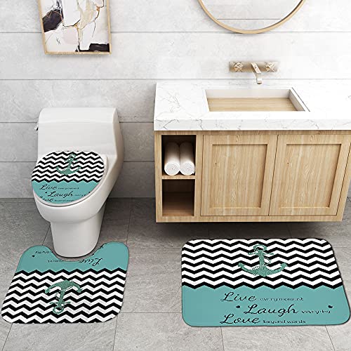 Camille&Andrew 4Pcs/Set Glitter Teal Anchor Shower Curtain, Black White Chevron Zig Zag Geometric Nautical Theme Inspirational Quotes Bathroom Decor, Non-Slip Bath Rugs Toilet Mats, Live Laugh Love #TOP4