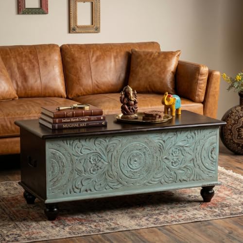 Image of Natura Solid Wood Coffee Table for Living Room Wooden Trunk Box for Storage | Handcrafted Center Table for Living Room with Sandook Storage | Pitara for Home and Bedroom (Walnut and Rustic)