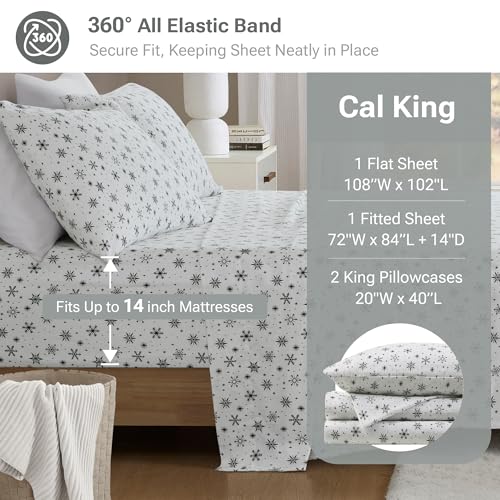 Image of Sleep Philosophy True North Flannel Sheets Cal King, Cozy 100% Cotton Flannel Bed Sheets, Ultra Soft Cute Sheet Set, Novelty Print Themed Cold Weather Warm Bedding Set, Black Snowflakes, 4 Piece
