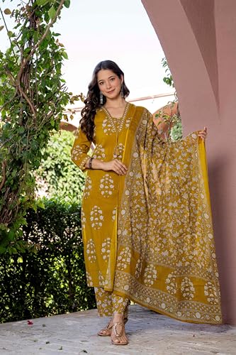 Image of PARTHVI Women's Pure Cotton Printed Straight Kurta Set with Palazzo Pants & Dupatta- Ethnic Wear, Green