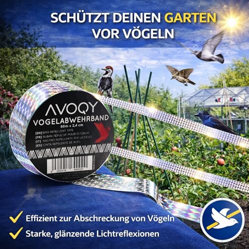 AVOQY Premium Vogelabwehr-Band Reflektierend [80m x 2,4cm], Reflektor-Band Vogel-Schreck Schutz Pflanze Obst-Bäume Frucht Blüte, Flatterband Taubenabwehr vertreiben Haus Garten Balkon, Vogelband