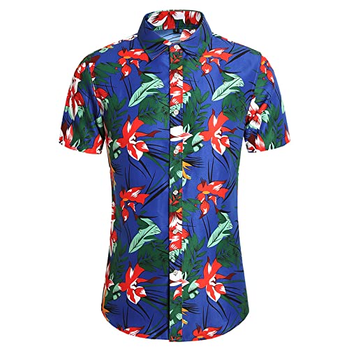 Preisvergleich Produktbild Hawaiian Herren Kurzarm Blumenhemd LäSsiges Kurzarmhemd Freizeit Leicht Sommer Leinenhemd FüR MäNner Freizeit Hemd Kariert Checked Flanell Shirt Karo Hemd Business Blau 7XL