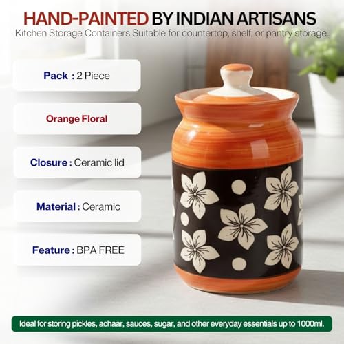 Image of Orange Ceramic Handglazed Pickle Jars Set of 2-1000 ML Each | 1 kg Achaar Martban Barni Jar with Lid | Ceramic Storage Jar Container Pickle, Chatney