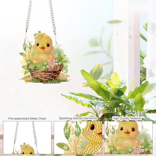 Image of AiYuanzsh Yellow Duck Diamond Painting Kit with Hanging Chain, DIY 5D Diamond Art Hanging Kit for Adults, Acrylic Mini Suncatcher, Special Shaped Crystal Wall Ornament, Home Decor, Holiday Craft