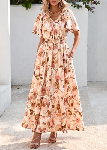 KIRUNDO Womens Summer Boho Floral Maxi Dress Flutter Short Sleeve V Neck Ruffle Tiered Flowy Beach Wedding Guest Dresses3