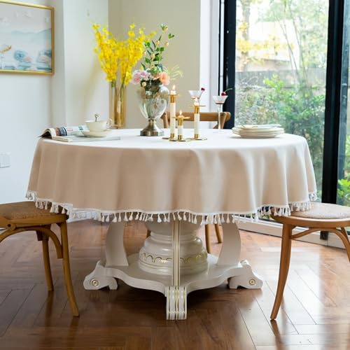 Homxi Mantel Redondo Mesa Centro 180CM,Manteles Decorativos Salón Beige Color Sólido con Borlas Poliéster Mantel de Mesa de Centro