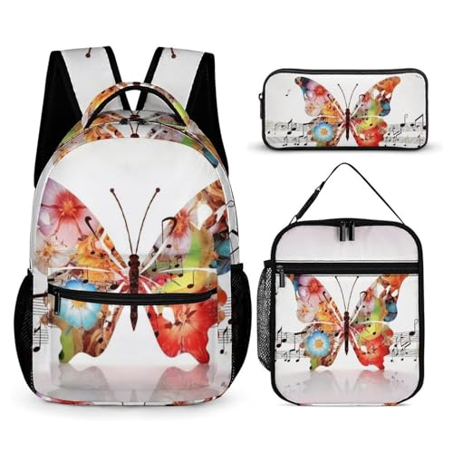 Music Butterfly Backpack Set 3 Piece, Durable Backpack Insulated Lunch Bag Portable Pencil Case for Men Women