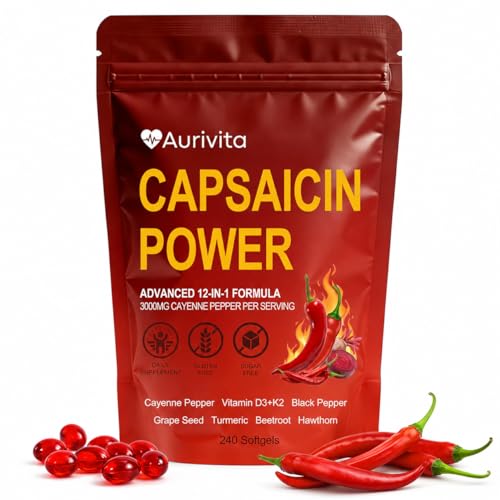 PRIMALHERBS Aurivita Capsaicin Power Cayenne Pepper Softgels Digestive Health & Circulation Support 240 Softgels