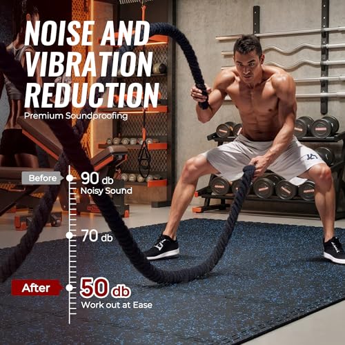 Image of SUPERJARE 0.79'' Extra-Thick Exercise Equipment Mats, 48 Pcs 192 Sq Ft Rubber Top Floor Tiles with High Density EVA Foam, Interlocking Gym Flooring for Home Gym, Workout Mat, Black /Blue