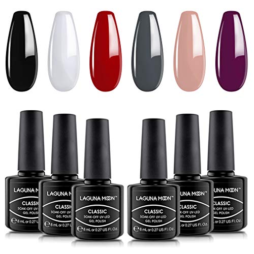 Lagunamoon Gel Nail Polish Set 6 Classic Colours Black White Red Gray Dark Purple Nude Gel Polish Soak Off UV LED Manicure Set Requires Drying Under Nail Lamp,8ML Each Bottle Lagunamoon Gel Nail Polish Set 6 Classic Colours Black White Red Gray Dark Purple Nude Gel Polish Soak Off UV LED Manicure Set Requires Drying Under Nail Lamp,8ML Each Bottle