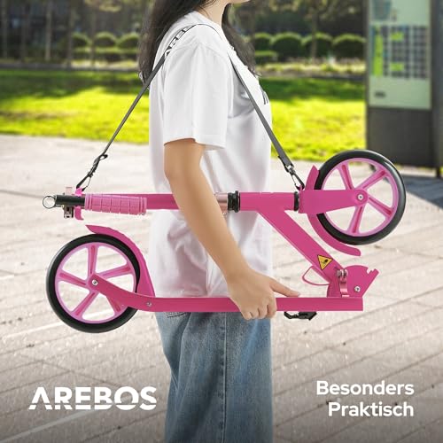 Arebos Cityroller Tretroller Pink Scooter h&ouml;henverstellbar | klappbar | inkl. Traggurt | XXL R&auml;der | Tritt-Bremse | f&uuml;r Kinder und Erwachsene | bis 100kg belastbar | Kickroller | Kickscooter