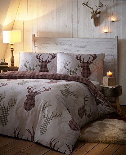 Housse de Couette lit – Tartan Cerf Parure de lit réversible à Carreaux avec Housse de Couette de lit – Tons naturels (Roi)