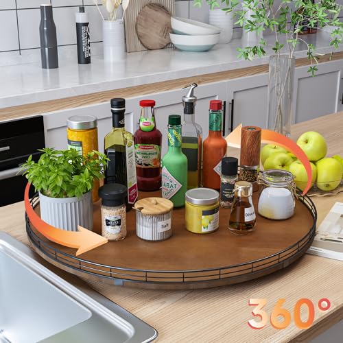 Image of Farmhouse Oak 24 inch Lazy Susan Turntable Organizer for Cabinet, Round Wooden Lazy Susan Organization and Storage for Dining Table, Pantry, Kitchen, Countertop, Cupboard,Home Decor, Walnut