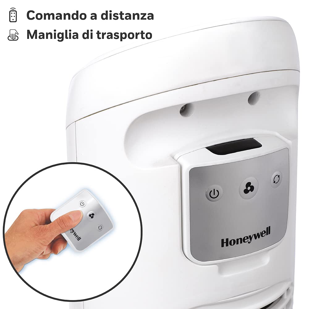 Ventilatore a torre oscillante per l'intera stanza Honeywell QuietSet (5 impostazioni di velocità, oscillazione a 80°, timer, luci a spegnimento automatico, telecomando) HYF260