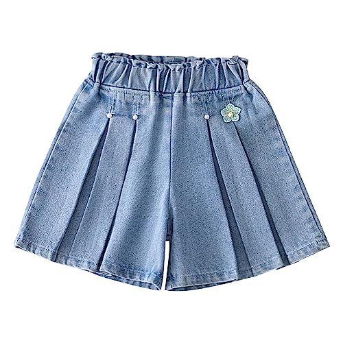 Girls Denim Pleated Skirt Shorts Summer Cute Flower Embroidery Jeans Kids Casual Ruffle High Waisted Dress Shorts Outfit Comfortable Trendy Cropped Stretch Bottoms (Blue, 3-4 Years)