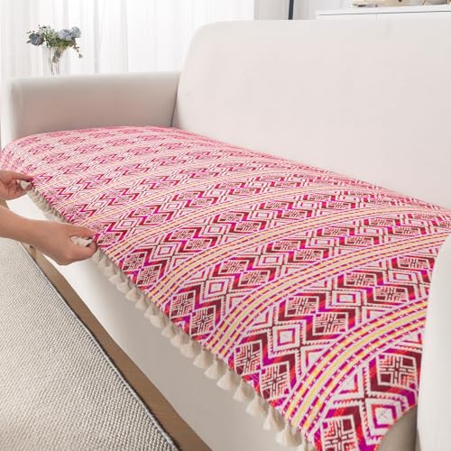 Image of HOKIPO Sofa Cover Mat with Tassel for 3 Seater Sofa | 300 GSM Thick Cotton Acrylic Jacquard Fabric,'Trivana Series' Cherry Red (IN-936-J8*S)
