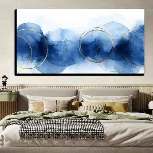 Toile abstraite géométrique bleue pour habiller un grand mur vide de chambre 80x190