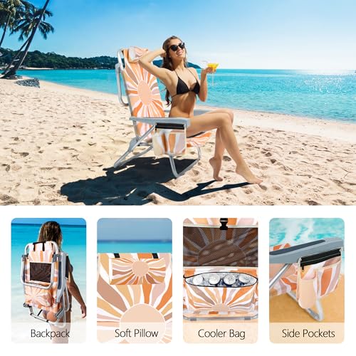 Beach Chair for Adults, 5 Position Lay Flat Backpack Beach Chair with Cooler, Cup Holder and Storage Bag, Portable Folding Heavy Duty Beach Lounger for Outdoor, Lawn, Camping, Festivals-Boho Sun — view 4