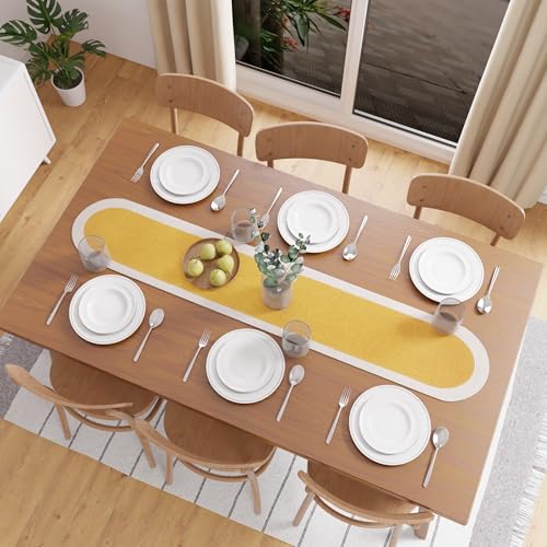 Image of Encasa XO Table Runner for 4 Seater | Handmade Ribbed Style Cotton | 30x137 cm | Yellow & Off White | for Dining & Center Table