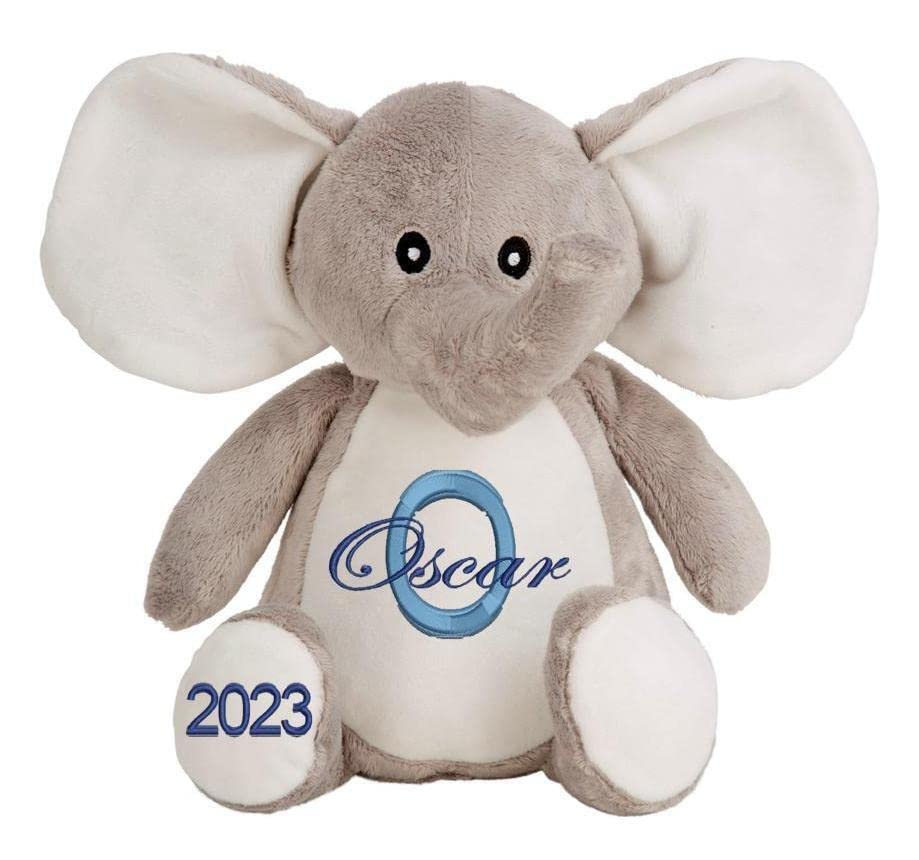 Personalised Teddy Bear and Animal Soft Plush Toys with Name & Initial. Birthday, Christening or Baby Gift (Elephant)