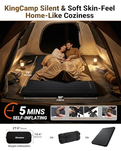 Image of KingCamp Premium Double Self Inflating Sleeping Pad, 7.5 R-Value Air & Foam Camping Mattress 2 Person, 3 inch Thick Double Size Insulated Sleeping Pad with Pump Sack for Car Camp Tent, PVC Free, Black