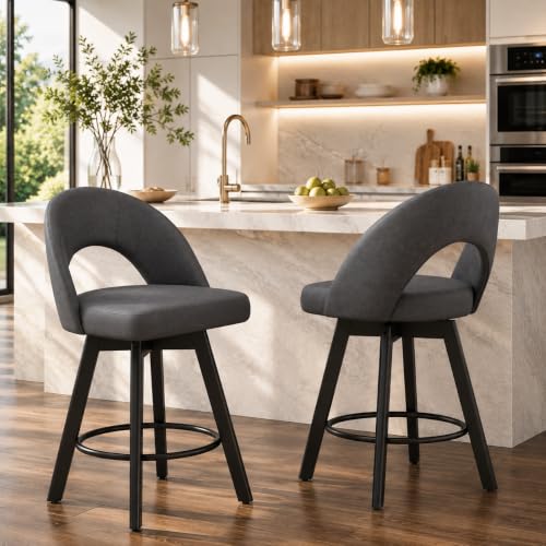 Image of YaFiti 24 inch Counter Height Bar Stools Set of 2, Faux Leather, Charcoal Grey
