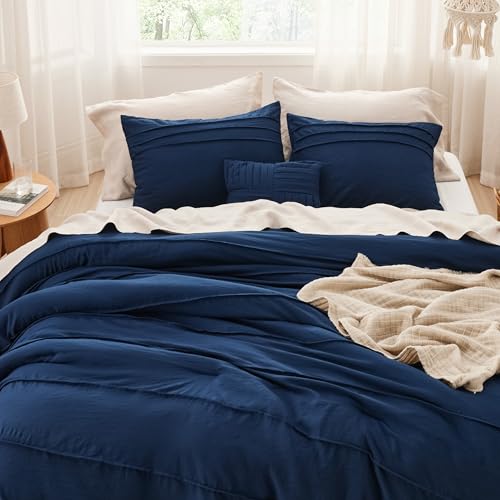 Image of Bedsure Navy Blue Oversized King Size Comforter Set - 4 Pieces Pinch Pleat Bed Set, Down Alternative Bedding Sets for All Season, 1 Comforter, 2 Pillowcases, 1 Decorative Pillow