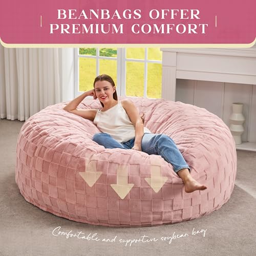 Image of Hobestluk Giant Bean Bag Chairs 6FT Oversized BeanBag Chair for Adult Jumbo | Memory Foam,Washable Cover,Unique Fluffy Plaid,Comfy Bean Bag Bed with Filler Gaming Reading Bedroom Living Room | Pink 6FT