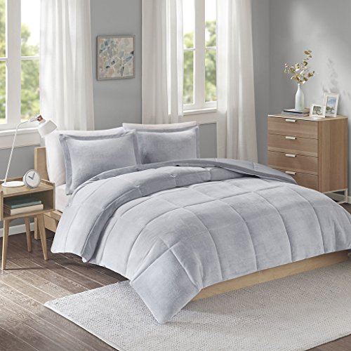 Intelligent Design Carson Reversible Frosted Print Plush to Heathered Micofiber Comforter Set, Full/Queen, Grey