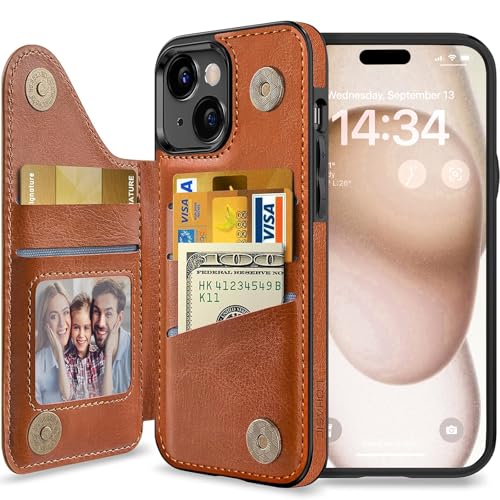 LOHASIC for iPhone 15 Wallet Case, Card Holder, Wallet Phone Case, Brown