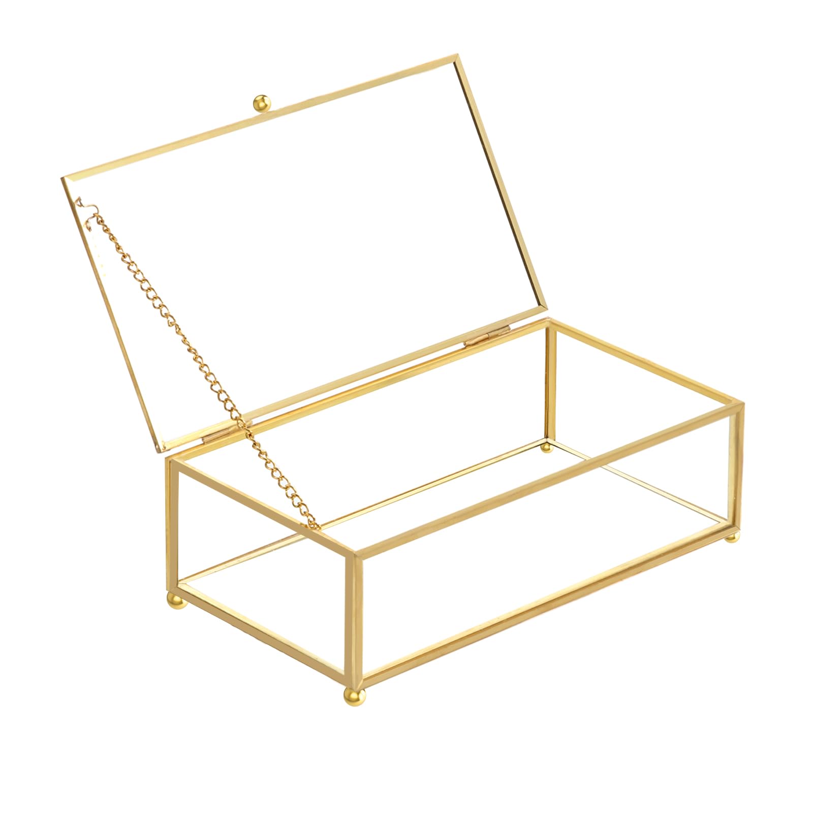 10.8” Glass Jewelry Box Gold Card Box with Hinged Lid, Gold Keepsake Box for Storage Wedding Card, Trinkets, Photo and More, Cute Glass Box for Women and Girl,Vintage