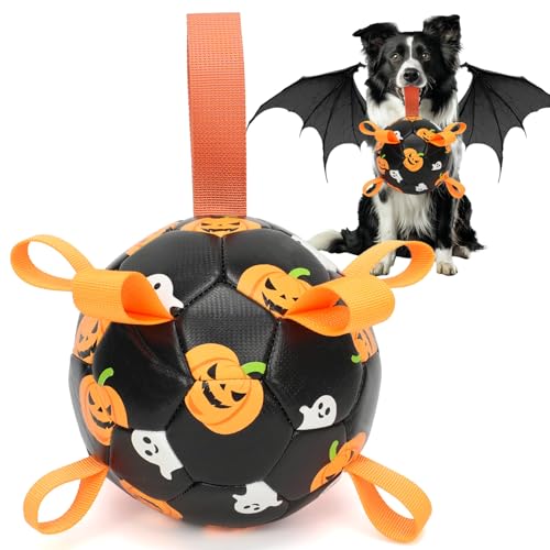 Image of Dog Toys Balls, Dog Soccer Ball with Straps, Dog Birthday Gifts, Durable Balls for Small Medium Pet, Puppy Outdoor Toy, Pet Training Soccer Ball, World Cup Soccer (6 Inch) (Ghost, Medium)