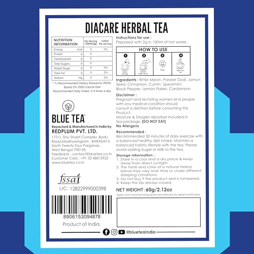 Image of BLUE TEA - Dia Care Tea - 30 Tea Bags - Plant Based | Regulates Blood Sugar - Anti Diabetes | Insulin Resistant | Paneer Dodi, Bitter Melon, Jamun Seed | Caffeine Free - Herbal Tea | Ziplock Pack