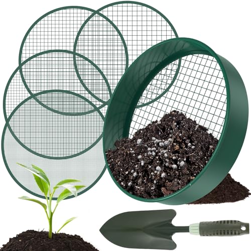 OROMYO - Tamiz de jardín redondo 4 en 1, 30 cm, acero inoxidable, con 4 tamices intercambiables y pala de jardín, tamiz para tierra, compost, semillas, arena