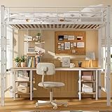 Etagenbett mit Eisenrahmen, Hochbett mit Tisch und Regalen, Multifunktionsbett für Schlaf- und Arbeitsbereich, stabile Konstruktion, Flexibles Raumkonzept