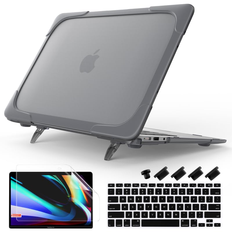 Batianda Heavy Duty Case for Old MacBook Air 13 inch 2017 2015 Model A1466/A1369, Ergonomic Foldable Kickstand (Holds 22lbs) Matte Translucent Shockproof Protective Cover & Keyboard Protector, Grey