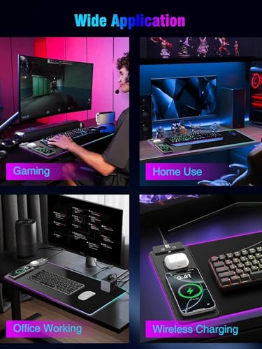 Image of Mouse Pad with Magnetic Wireless Charging, Large Desk Pad Protector, RGB Black Desk Mat with 15W Fast Charger, Non-Slip Waterproof Mousepad for Office Home Gaming