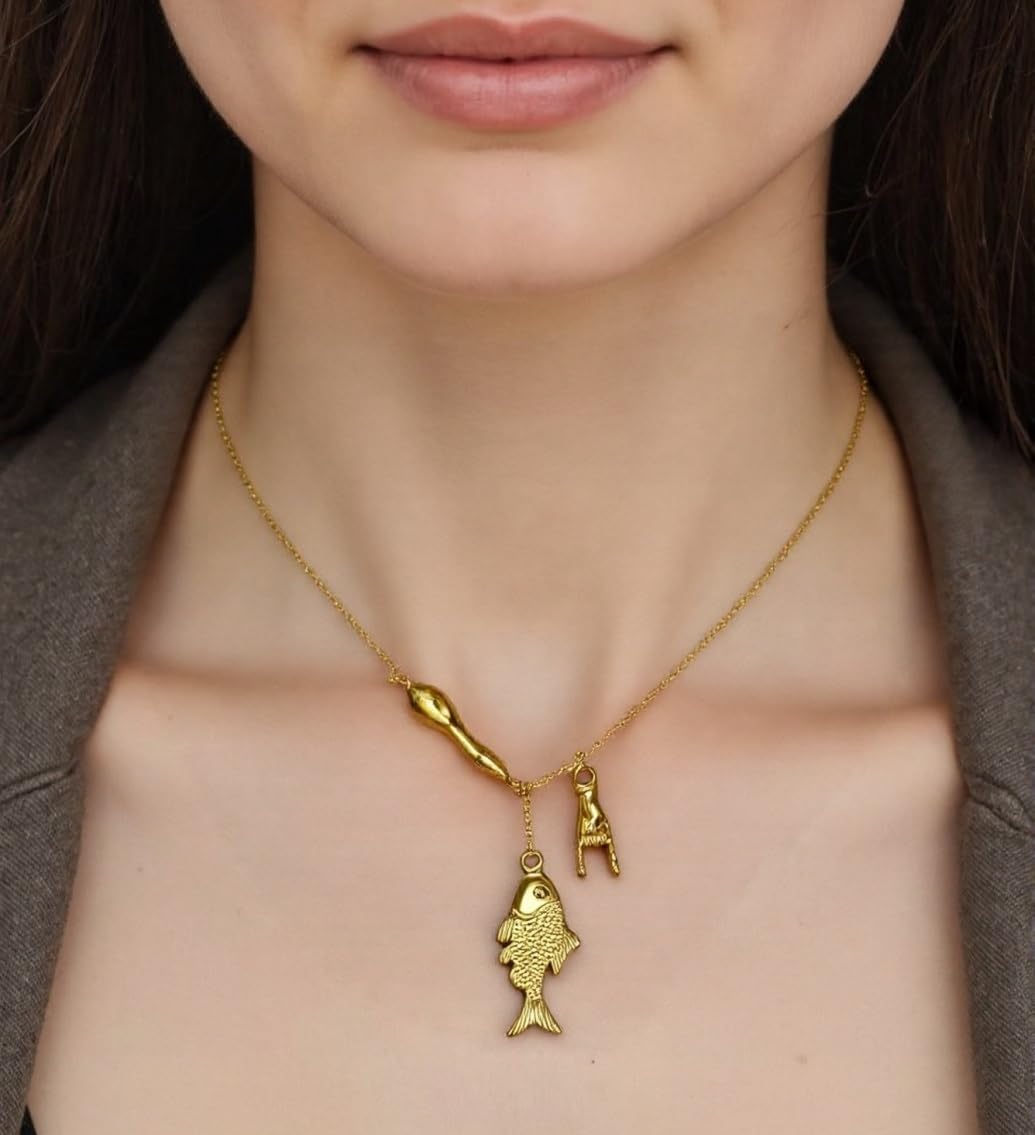 Italian Horn Necklace for Women, 18K Gold Plated Dainty Italian Luck Charm, Fish Pendant Necklace, Amulet Horn Pepper Necklace - Image 3